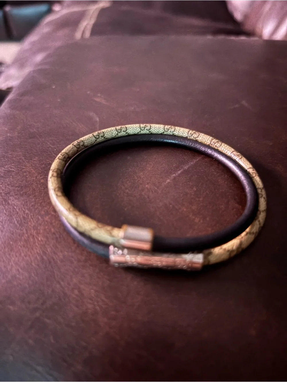 Gucci Black and Beige Monogram Double-Wrap Bracelet